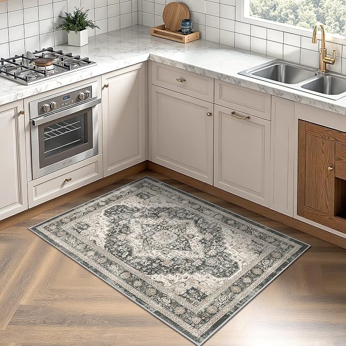 Roxstand 2x3 Washable Entryway Area Rug, Black/Beige | Low-Pile Carpet, Non-slip Backing, Stain Resistant, Rug for Kitchen, Laundry Room, Entryway, Vintage Design