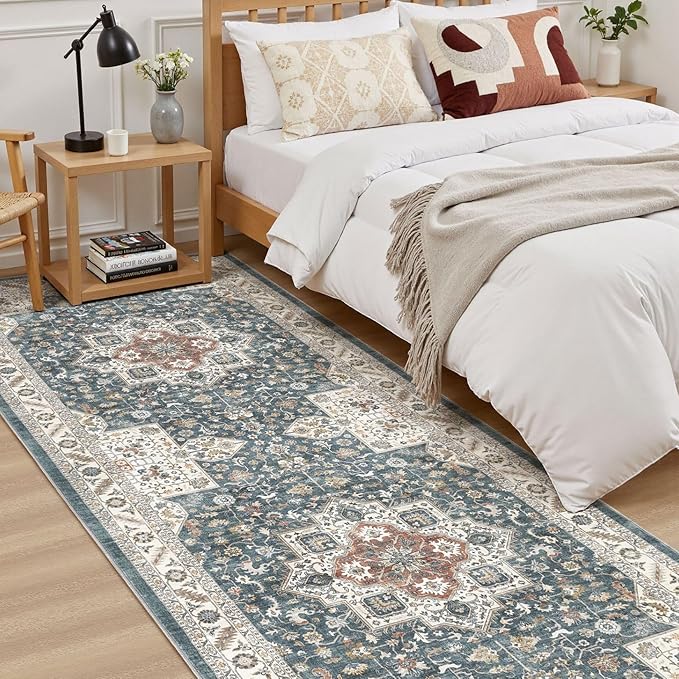 Vintage Hallway Runner Rug 3x12: Large Soft Washable Entryway for Kitchen Laundry Room Non-Slip Backing Runner for Entrance Living Room Bedroom Bathroom - Vintage Blue