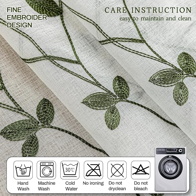 AmHoo 2 Panels Embroidered Leaf Pattern Semi Sheer Curtains Foliage Floral Voile Window Draperies Treatment for Bedroom Living Room Rod Pocket White Olive Green 53 x 63 Inch