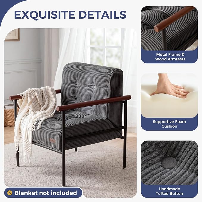 MAXYOYO Living Room Accent Chair, Modern Chair with Metal Frame | Upholstered Reading Chair Modern Living Room Chair with Support Cushion for Bedroom Balcony Porch, Dark Grey