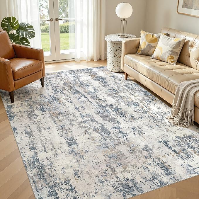 5x8 Area Rug Living Room Rugs: Washable Large Soft Abstract Modern Neutral Rug Stain Resistant & Non-Slip Low-Pile Carpet for Bedroom Dining Nursery Home Office Room Decor - Grey Blue