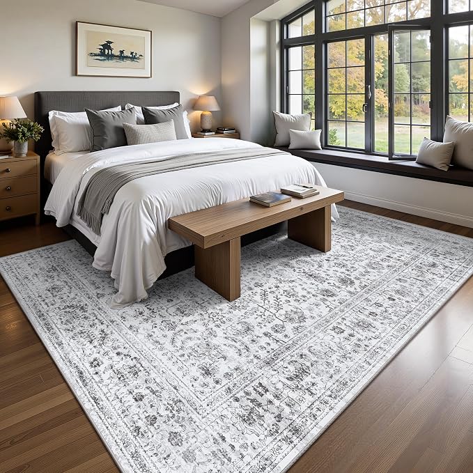 5x7 Area Rugs, Washable Vintage Retro Floral Rug for Living Room, Low Pile Non Slip Distressed Large Carpet for Bedroom, Dining Room, Office, Home (Vintage Black)