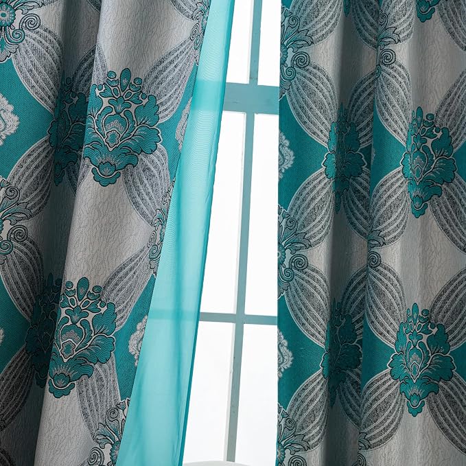 Petrichor Elegant Curtains with Gold Silver Threads 2 Panels Set - Luxury Window Treatment Attached Valance, Sheer Backing, and 2 Tie Backs for Bedroom and Living Room, 54x63 inches, Teal