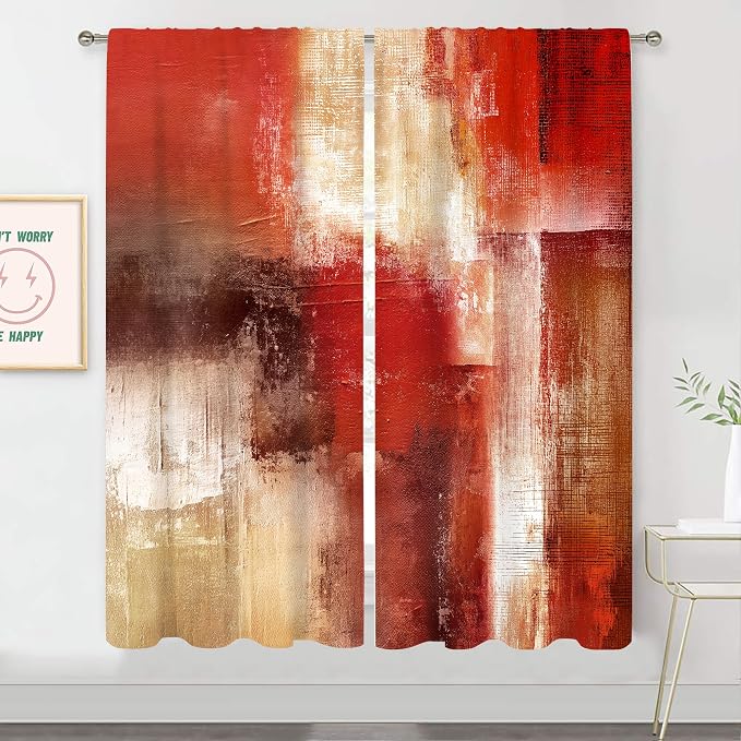 MESHELLY Abstract Red Curtains 42Wx63H Inch Rod Pocket Rustic Burgundy Brown Blocks Oil Painting Farmhouse Bedroom Window Drapes Modern Aesthetic Printed Living Room Window Treatment