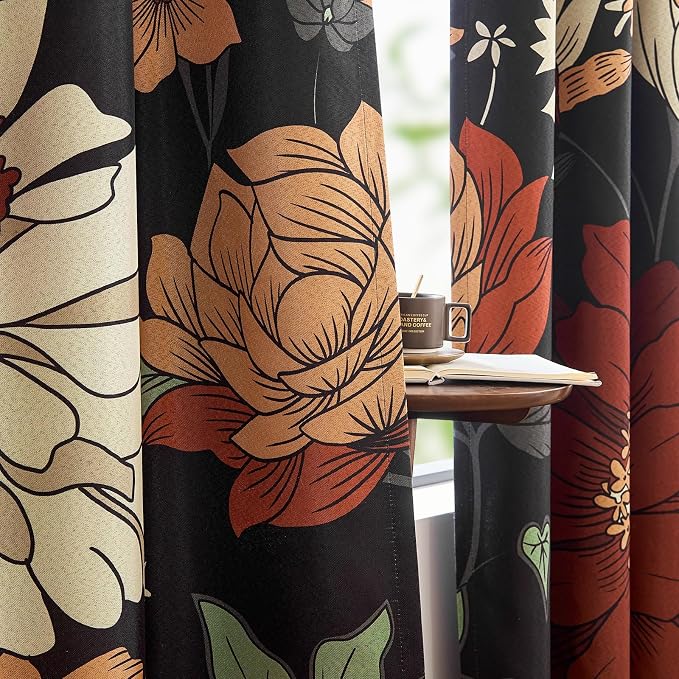 jinchan Lora Floral Curtain for Living Room Blackout Drape for Sliding Door Extra Wide Room Darkening Fall Decor Vintage Boho Flower Print Patio Door Curtain Grommet 1 Panel W100xL96 Inch Black