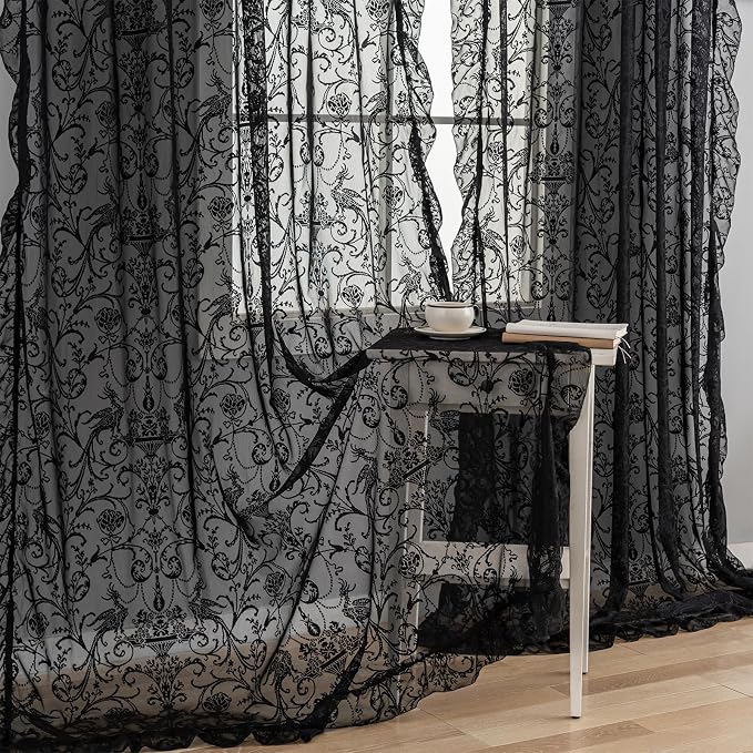 TUDECO Black Gothic Curtains for Bedroom -Whimsy Sheer Lace Curtains 72 Inch Length, Vintage Floral Moody Privacy Rod Pocket Light Flitering Lace Drapes 2 Panels, 59W x 72L Inch