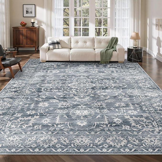 Soalmost 8x10 Area Rugs for Living Room, Washable Bedroom Soft Rug Blue | Vintage Floral Non-Slip Low Pile Stain Resistant Throw Large Neutral Carpet for Dining Room Kitchen Home Office 8'x10'