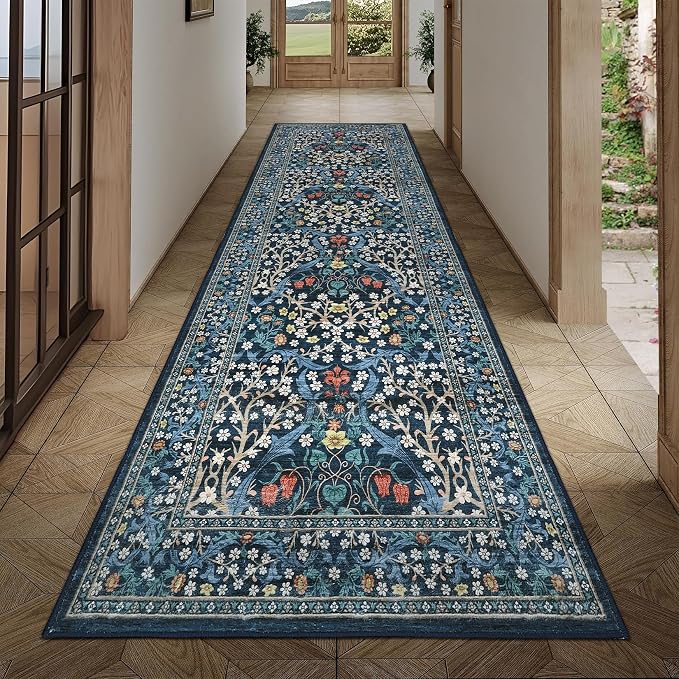 GarveeHome Floral Hallway Runner Rug, 2.5x8 Kitchen Runner Rugs, Washable Non Slip Entryway Rugs Indoor, Ultra-Thin Stain Resistant Carpet Floor Mat for Laundry Room, Dark Blue