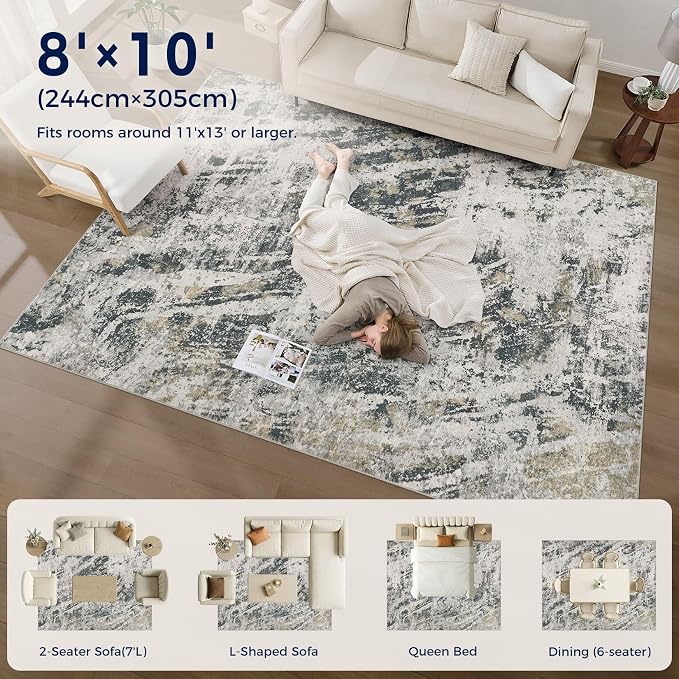 DMOYEST Area Rug Living Room Rugs - 8x10 Large Soft Indoor Neutral Modern Abstract Low Pile Washable Rug Carpet for Bedroom Dining Room Farmhouse Home Office-Black Gold/Grey
