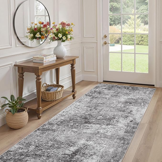 DMOYEST Washable Runner Rug for Hallway: 3x8 Neutral Modern Abstract Low Pile Area Rug with Non-Slip Backing - Carpet for Bedroom Kitchen Laundry Entryway Bathroom Indoor - Grey