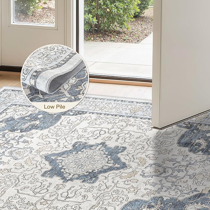 cotiled 4x6 Area Rug Machine Washable Vintage Carpet for Living Room Bedroom Soft Non-Slip Backing Floor Mat Kid & Pet Friendly Stain Resistant Light Blue