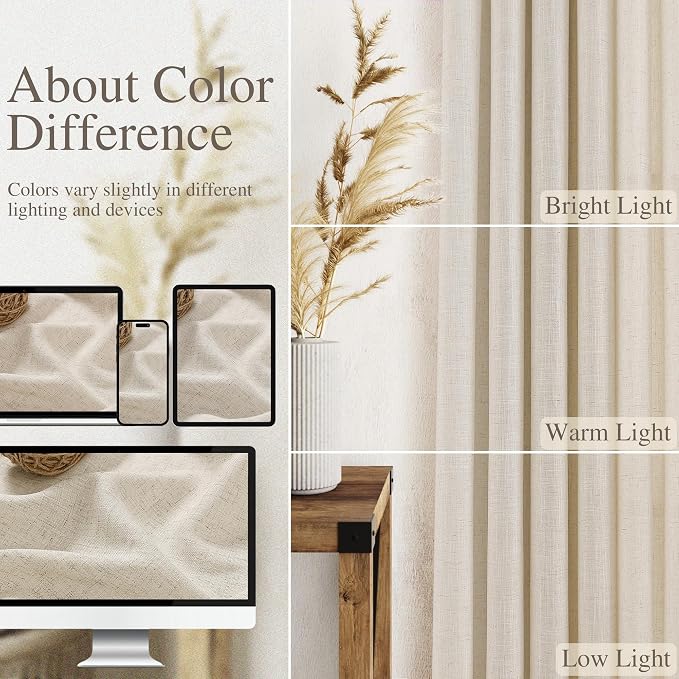 Nanspring Warm Beige Linen Curtains 108 Inches Long for Living Room Bedroom 2 Panels Set Extra Long Back Tab Curtain Light Filtering Sheer Drapes Floor to Ceiling Curtain for Large Windows 52x108