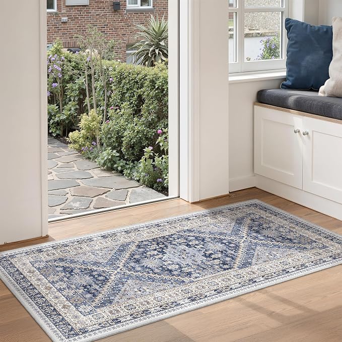 zesthome 2x4 Washable Rug Runner for Bathroom, Soft Entryway Rug for Laundry Room, Kitchen, Vintage Abstract Hallway Runner for Bedroom, Anti-Slip Door Mat Indoor Entrance(Blue/Beige,2'x4')