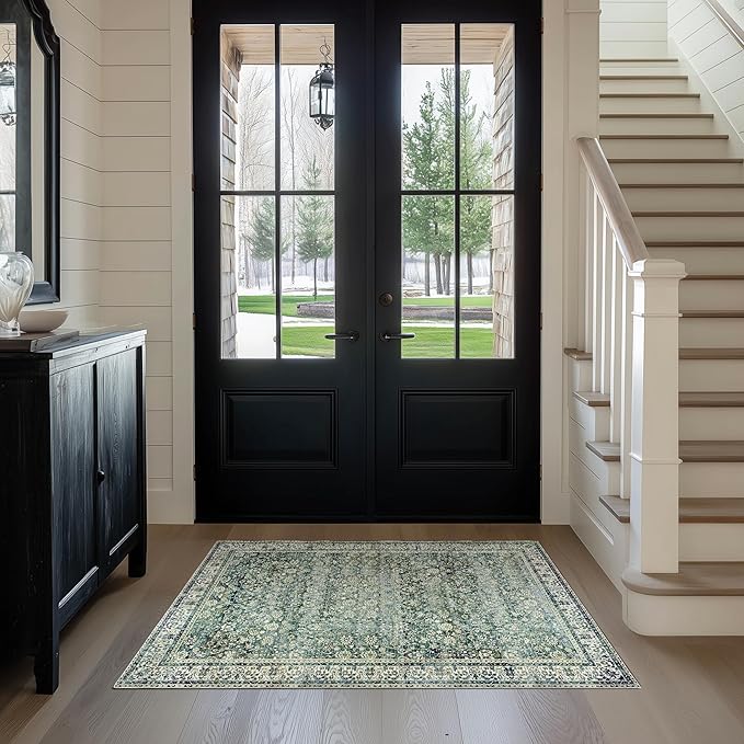 3x5 Area Rug for Entryway Indoor Low Pile Green Rugs with Washable Non Slip Boho Vintage Distressed Ultra Thin Entry Way Rugs for Kitchen Laundry Room Bathroom Inside House,3 x 5,Dark Green and Blue