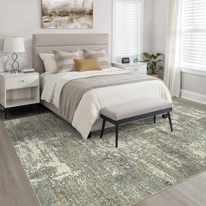 5x7 Area Rugs Living Room: Washable Large Neutral Rug Abstract Soft Modern Stain Resistant Indoor Floor Non-Slip Carpet for Bedroom Nursery Kids Office Playroom Dining Room- Green Brown