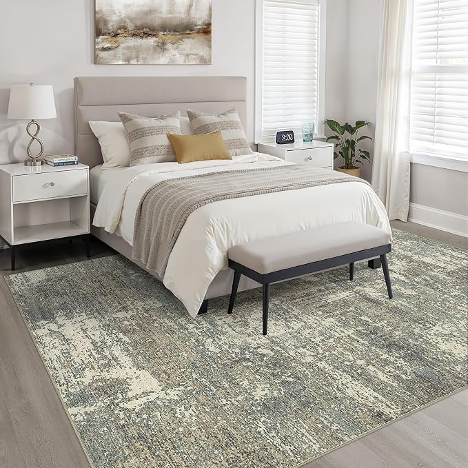 6x9 Area Rugs Living Room: Washable Large Neutral Rug Abstract Soft Modern Stain Resistant Indoor Floor Non-Slip Carpet for Bedroom Nursery Kids Office Playroom Dining Room- Green Brown