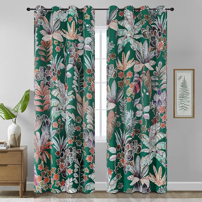Estelar Textiler Green Blackout Curtains 108 inch Long 2 Panels for Bedroom,Leaf and Petal Pattern Room Darkening Thermal Insulated Boho Decoration Window Grommet Drapes for Living Room,52Wx108L