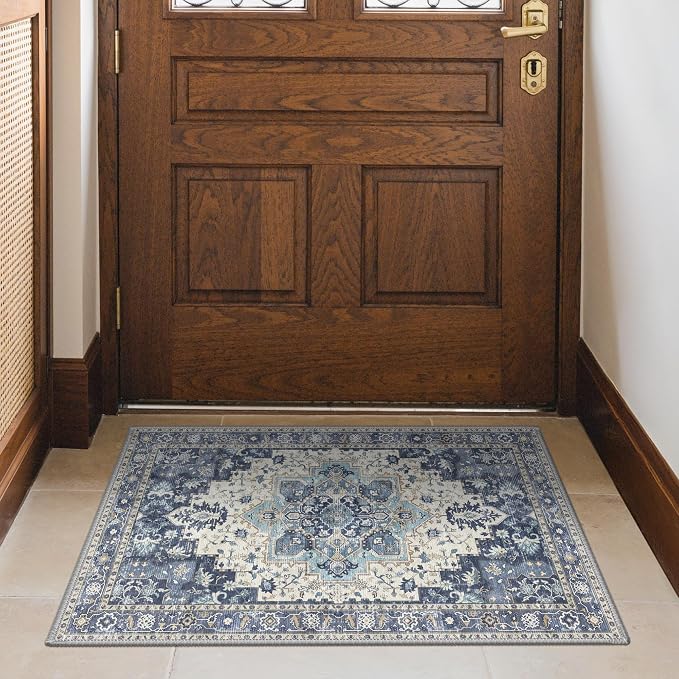 GENIMO Area Rug 2x3 Doormat, Machine Washable Low Pile Rugs, Small Retro Entryway Mat for Entrance, Hallway, Kitchen and Corridor, Center Blue