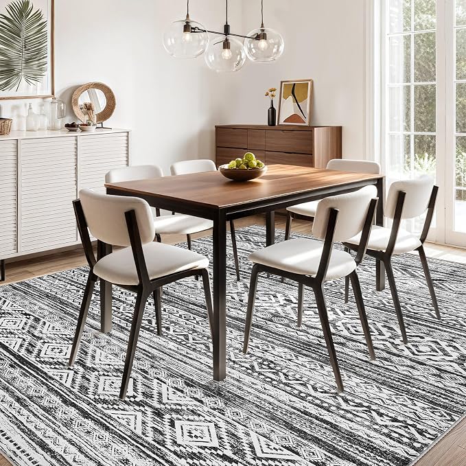 cotiled 8x10 Area Rugs Living Room Rug: Washable Boho Rugs with Non Slip Backing Large Soft Indoor Stain Resistant Carpet for Bedroom Farmhouse Dining Room Lightweight Home Decor White/Black