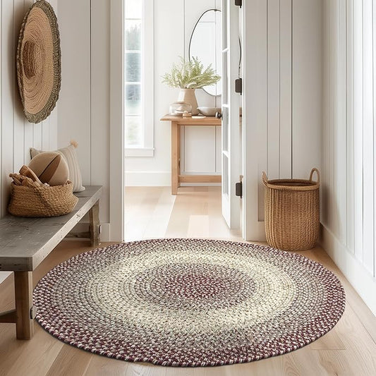 Super Area Rugs Braided Rug Round 10ft Farmhouse Kitchen Rug - Ridgewood Braided Carpet for Living Room - Reversible - Indoor/Outdoor - Made in USA - Burgundy/Beige, 10' Round