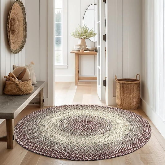 Super Area Rugs Braided Rug Round 8ft Farmhouse Kitchen Rug - Ridgewood Braided Carpet for Living Room - Reversible - Indoor/Outdoor - Made in USA - Burgundy/Beige, 8' Round