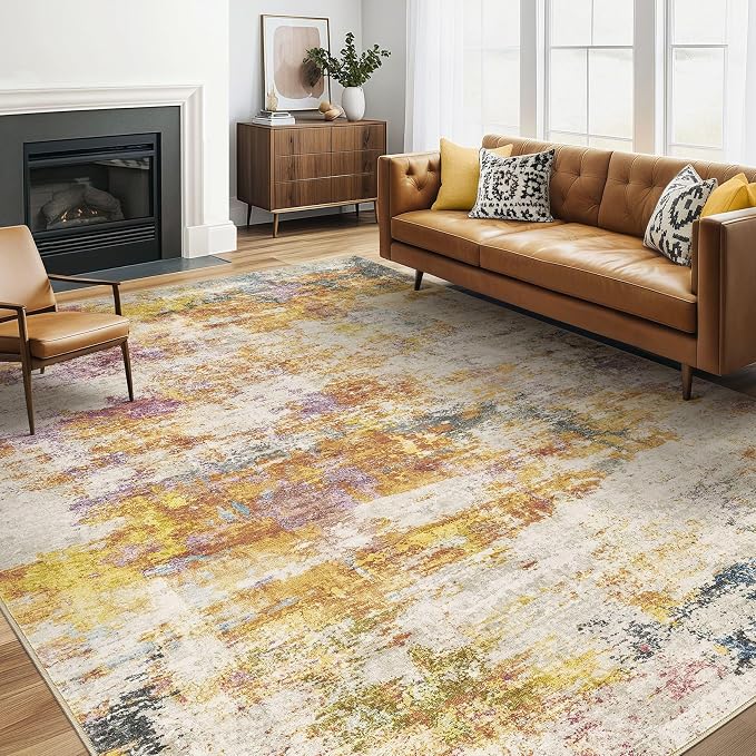 6x8 Area Rugs Living Room: Washable Large Abstract Modern Soft Stain Resistant Indoor Floor Rugs Non Slip Accent Carpet for Bedroom Nursery Playroom Office Dining Room Dorm Home House- Gold Colorful