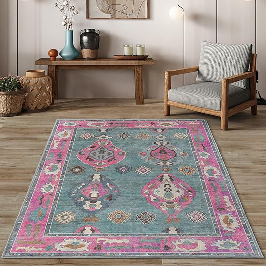 Green Pink Oushak Extra Large Area Rug 10x14 - Washable Vintage Turkish Non-Slip Backing Pastel Oversized Rugs for Living Room Dining Room, Bedroom, Lounge, Farmhouse
