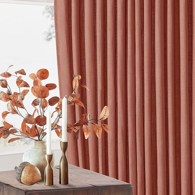 Red Clay Linen Pinch Pleated Curtains 108 Inches Long 2 Panels for Living Room Bedroom Light Filtering Drapes 108 Inch Length Terracotta Autumn Fall Semi Sheer Memory Trained Ceiling Floor Curtain