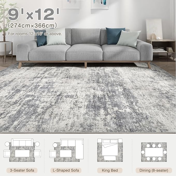Abstract 9x12 Area Rug: Machine Washable Non Slip Ultra Thin Low-Pile Carpet, Soft Stain Resistant for Living Dining Room Bedroom, Kid Pet Friendly, Robot Vacuum Compatible - Grey Beige
