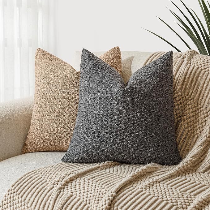 Foindtower Pack of 2, Decorative Textured Boucle Throw Pillow Covers Accent Solid Pillow Cases Cozy Soft Couch Cushion Case for Chair Sofa Bedroom Living Room Home Decor 22 x 22 Inch Dark Grey