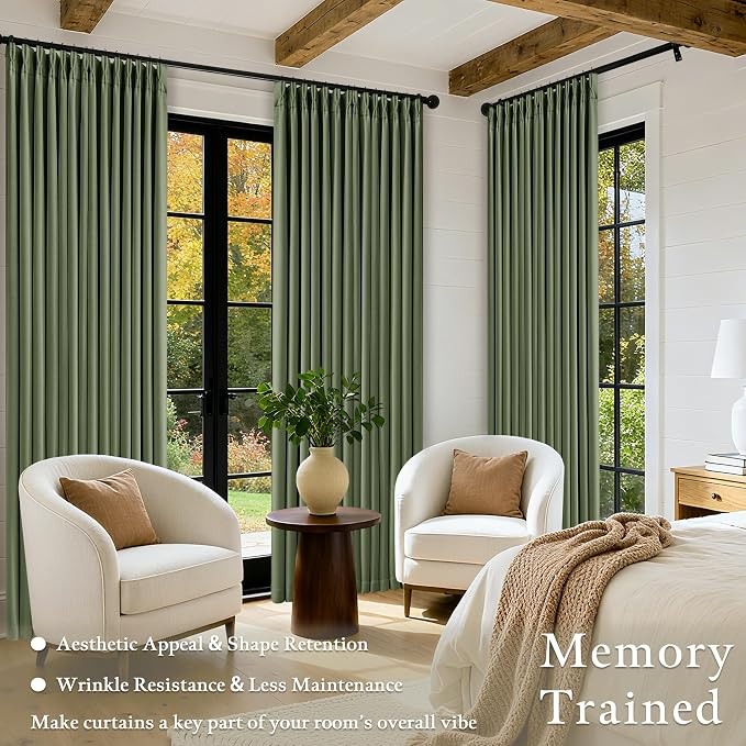 Extra Long Blackout Pleated 108 Inch Curtains Floor Ceiling 2 Panels Set for Living Room Memory Trained Pinch Pleat 100% Black Out Dual Layer Olive Green Soundproof Thermal Insulated Linen Curtains
