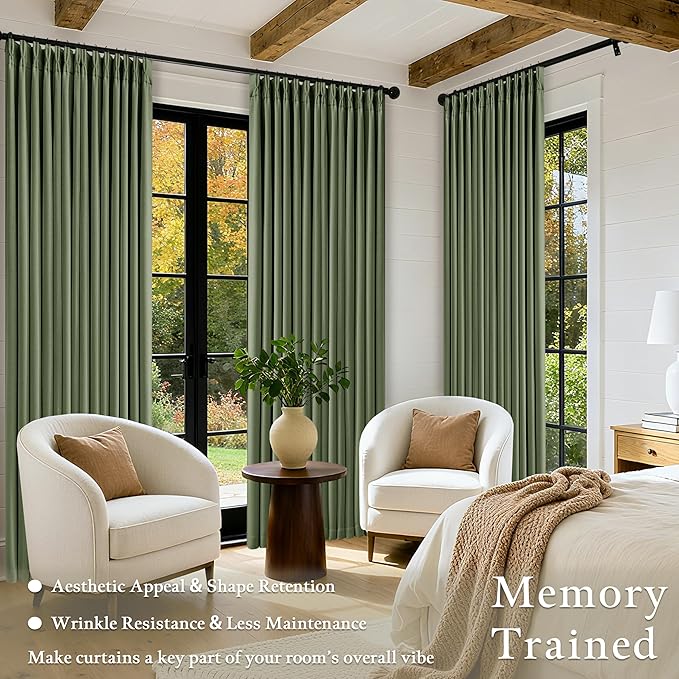 Loden 105 Inch Long Blackout Curtains Olive Green Thick Linen Pinch Pleated Curtains 2 Panels for Bedroom Living Room Darkening Light Blocking Pinch Pleat Back Tab 105 Inch Window Drapes Olive Green
