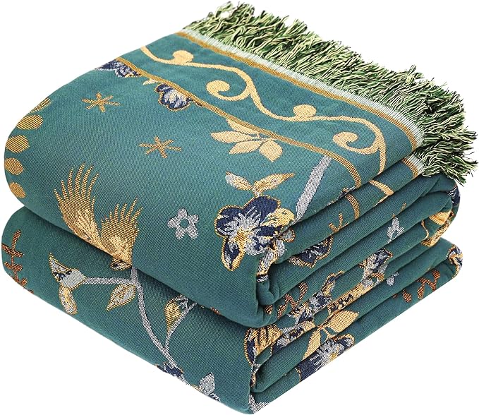 VANJOROY Boho 100% Cotton Large Throw Blanket King - All Season Rustic Ultra Soft Breathable Floral Bird Blanket for Bed Sofa Couch Chair Bedspread Quilt Gift, 91" x 108"-Teal/Beige