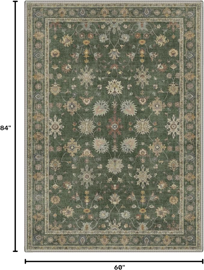 Bavni Area Rugs for Living Room, 5x7 Area Rugs Non-Slip Washable，Ultra-Thin Floral Vines Rug for Bedroom Dinning Room Office, Dusty Green