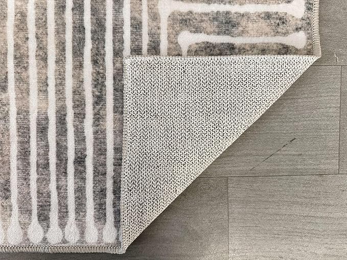 GLN Rugs Contemporary Collection - Machine Washable Area Rug, Contemporary Washable, Non Slip, Low Pile Chenille Rug, Living Room, Bedroom, Kitchen Rug (3' x 5' Lines Cream)