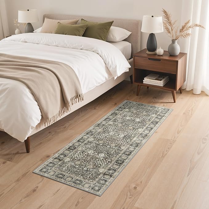 Bavni 2x10 Rug Runners for Hallways, Washable Runner Rug Non Slip,Vintage Floral Print Style Rugs for Bedroom-Lightweight Low Pile Carpet for Hallways Bathroom, Beige Brown