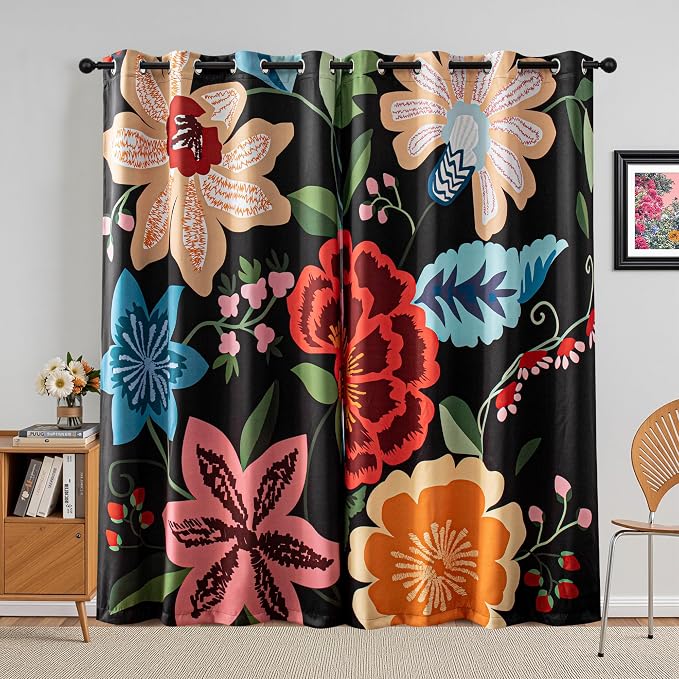 MYSKY HOME Black Boho Floral Blackout Curtains for Bedroom 63 inch Long Botanical Leaf Black Out Curtains for Living Room Thermal Insulated Room Darkening Noise Reduction Window Drapes, 2 Pcs, 52Wx63L