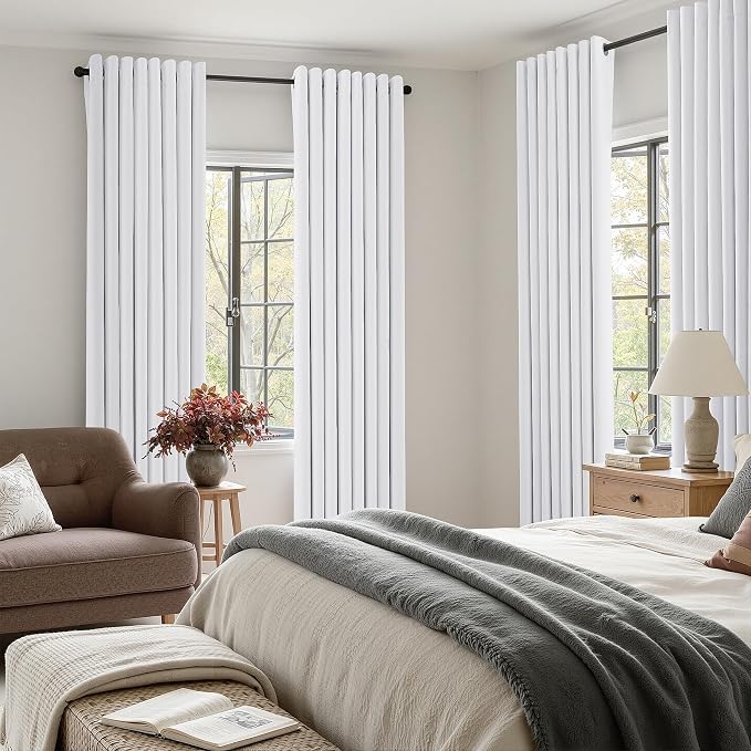 Jowels White Linen Blackout Curtains 118 Length 2 Panels Set for Living Room Bedroom, 100% Black Out Thermal Insulated Linen Drapes, Room Darkening Grommet Curtains 118 Inches Long