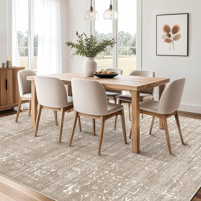 Area Rug for Living Room - 7x9 Soft Washable Oriental Vintage Floral Distressed Large Carpet - Fade Stain Resistant Non Slip Rugs for Bedroom Dining Room Nursery Dorm Office Home Decor - Camel