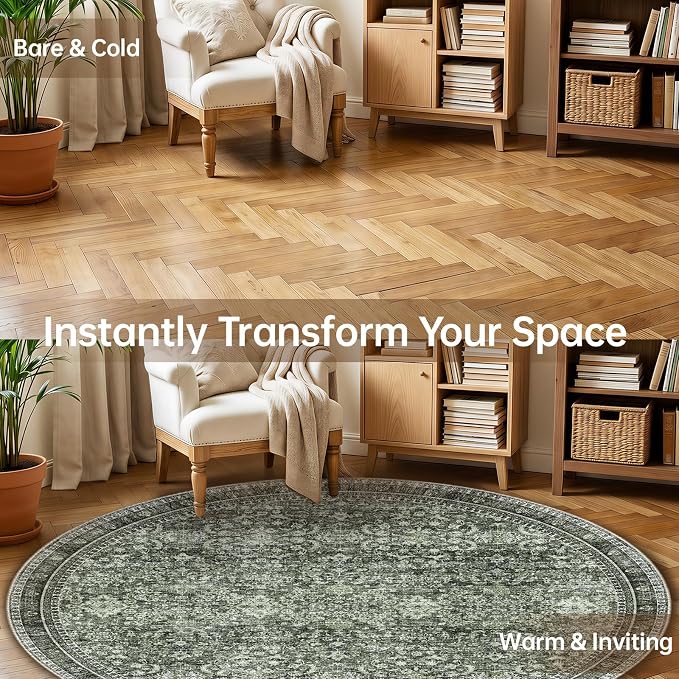 Sasttie Round Rugs 8ft, Ultra-Soft Washable Circle Rug, Low Pile Foldable Thin rugs with Non-Slip Backing, Skin-Friendly Stain Resistant Carpet for Living Room, Bedroom, Kitchen, Dorm, 8ft, Dark Green