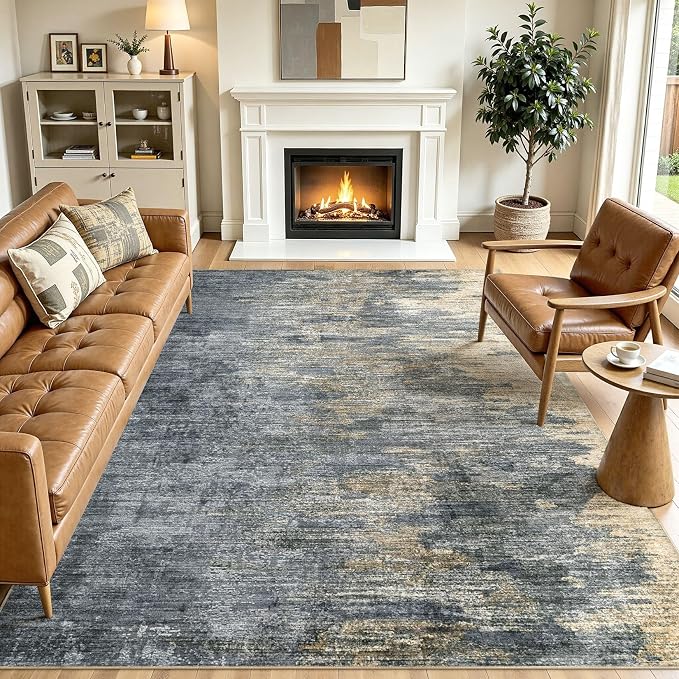 Area Rugs 6x9 Living Room: Washable Large Abstract Modern Neutral Soft Rug Stain Resistant Non-Slip Backing Carpet for Bedroom Dining Room Indoor Nursery Dorm Home Office Decor - Blue Gold