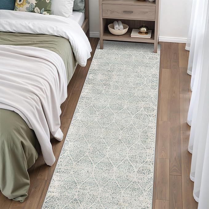 Soalmost Washable 2.5'x8' Runner Rug for Hallway,2'6"x8' Kitchen Runner Rug | Moroccan Trellis Runner Rugs with Rubber Backing Non-Slip Soft 2'6"x8' Carpet Runner for Entryway Laundry Bedroom Teal Blue