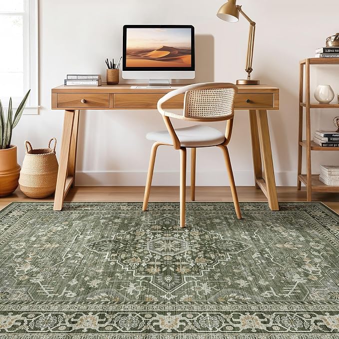 7x10 Area Rug Living Room: Washable Boho Large Neutral Vintage Soft Rugs Stain Resistant Farmhouse Non Slip Indoor Floor Carpet for Bedroom Nursery Kids Playroom Office Dining Room Home- Dark Green