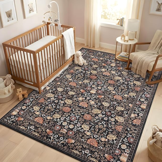 GarveeHome Brown Vintage Floral Washable Rugs 5x7 for Living Room Black Boho Botanical Retro Rug Low Pile Stain Resistance Non Slip Carpet for Bedroom Nursery Dining Room
