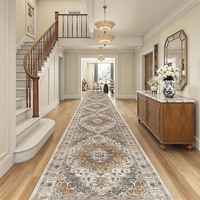 Madane Hallway Runner Rug 3x18 Washable Kitchen Runners 18ft, Turmeric/Grey | Vintage Non Slip Extra Long Area Rugs for Hallways, Soft Low-Pile Farmhouse Wide Floor Carpet for Entryway Bathroom Bedroom