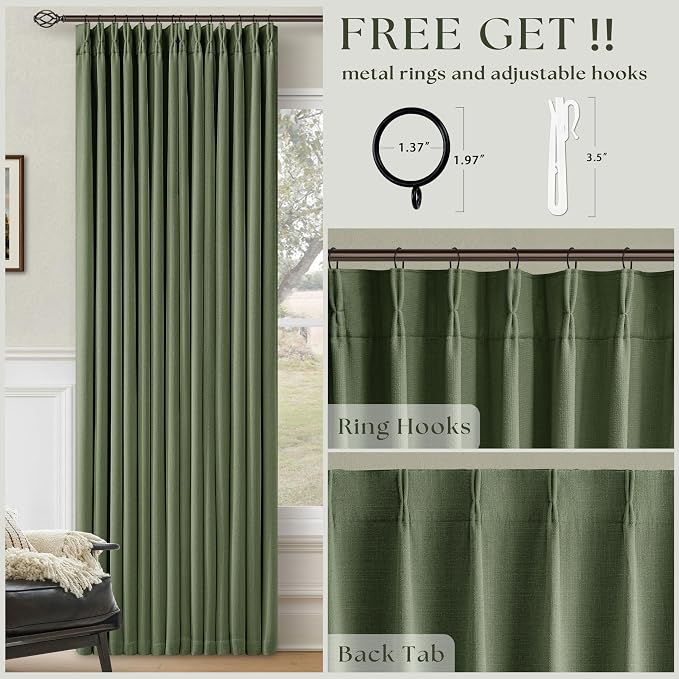 102 Inch Linen Pleated Black Out Curtains 2 Panels Set for Bedroom Living Room Darkening 100% Blackout Memory Trained Farmhouse Rustic Farmhouse Pinch Pleat Window Curtain Olive Green 102 Inch Length