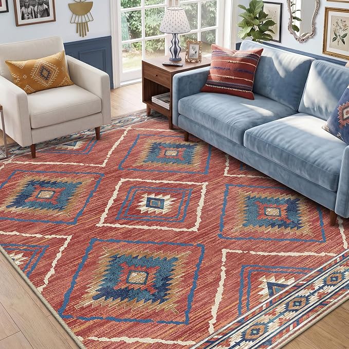 BESTSWEETIE Area Rug 5x8 Rug Machine Washable Non-Slip Low Pile Print Pattern Western Rug for Living Room Bedroom Entryway Tribal Series-Red/Orange