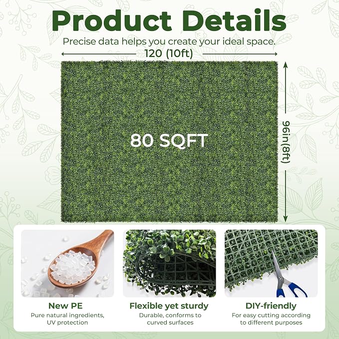 Artificial Boxwood Backdrop Roll: 96"x120" (80 sqft) UV-Anti Greenery Faux Grass Hedge for Indoor Outdoor Green Wall Decor, Patio Privacy Screen, Garden Fence Covering
