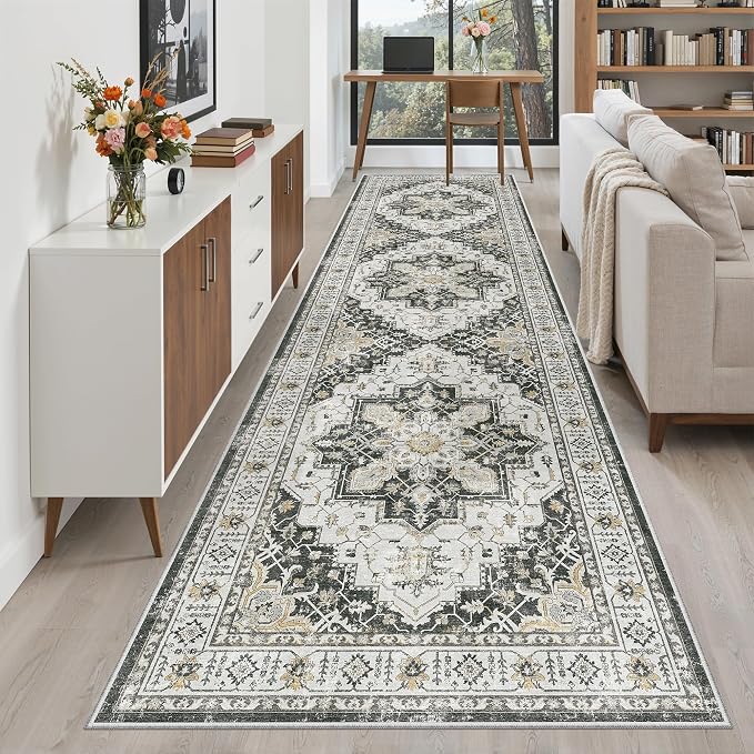 Madane Hallway Runner Rug 3x12 Washable Kitchen Runners 12ft, Black | Vintage Non Slip Area Rugs for Hallways, Soft Low-Pile Thin Farmhouse Wide Floor Carpet for Entryway Foyer Bathroom Bedroom