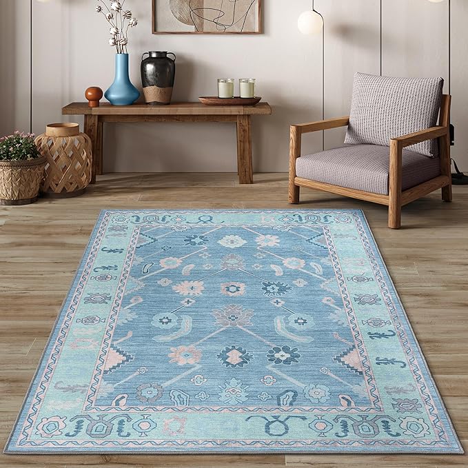 Teal Blue Oushak Large Area Rug 8x10 - Washable Boho Rug Vintage Turkish Non-Slip Carpet Non-Shedding Extra Large Area Rugs for Living Room, Dining, Bedroom, Lounge, Farmhouse